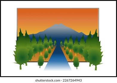 A vector illustration of a mountain view with trees and a river runs from it