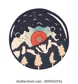 Vector illustration of mountain with vinyl record, thi combination of mountain with music. 