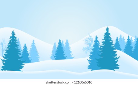 Vector illustration of mountain winter landscape with snow, coniferous forest and trees without leaves, under a blue cool sky - wildlife