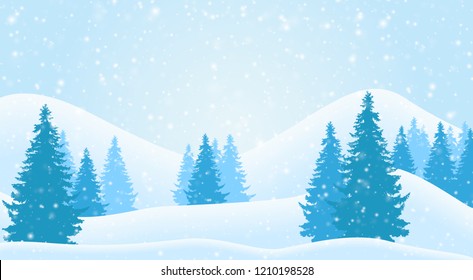 Vector illustration of mountain winter landscape with falling snow, coniferous forest and trees without leaves, under a blue cool sky - wildlife