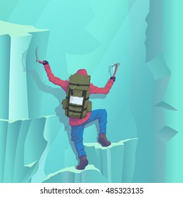 Vector illustration of a mountaineer climbing to the top of a winter slope slope. EPS10