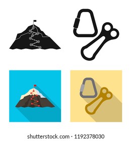Vector illustration of mountaineering and peak icon. Set of mountaineering and camp vector icon for stock.