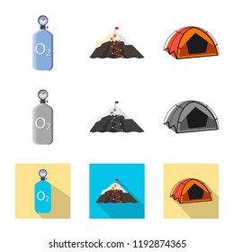 Vector illustration of mountaineering and peak icon. Set of mountaineering and camp stock symbol for web.