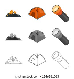 Vector illustration of mountaineering and peak icon. Collection of mountaineering and camp vector icon for stock.