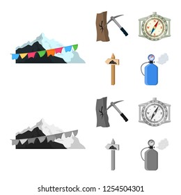 Vector illustration of mountaineering and peak icon. Set of mountaineering and camp stock vector illustration.