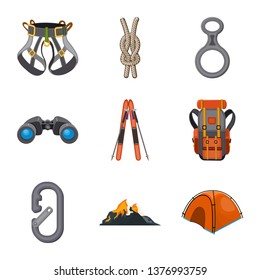 Vector illustration of mountaineering and peak icon. Set of mountaineering and camp vector icon for stock.
