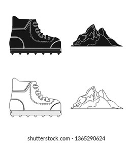 Vector illustration of mountaineering and peak logo. Collection of mountaineering and camp stock symbol for web.