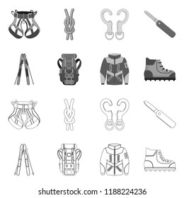 Vector illustration of mountaineering and peak sign. Set of mountaineering and camp stock symbol for web.