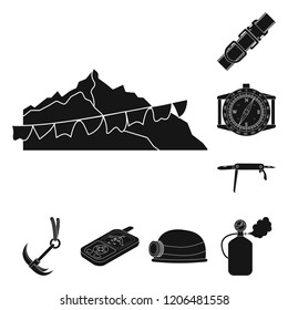 Vector illustration of mountaineering and peak sign. Set of mountaineering and camp stock vector illustration.