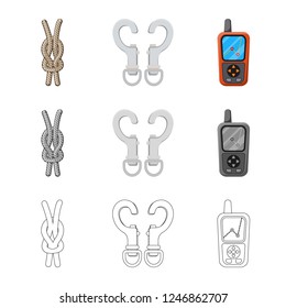 Vector illustration of mountaineering and peak sign. Set of mountaineering and camp stock vector illustration.