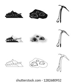 Vector illustration of mountaineering and peak sign. Set of mountaineering and camp stock symbol for web.