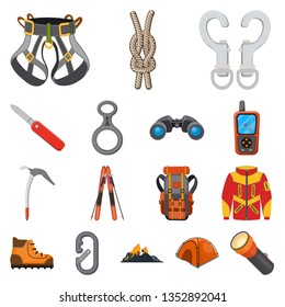Vector illustration of mountaineering and peak sign. Set of mountaineering and camp stock vector illustration.