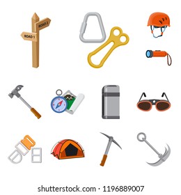 Vector illustration of mountaineering and peak symbol. Set of mountaineering and camp stock vector illustration.