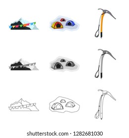 Vector illustration of mountaineering and peak symbol. Collection of mountaineering and camp vector icon for stock.