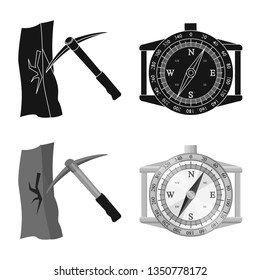 Vector illustration of mountaineering and peak symbol. Set of mountaineering and camp stock symbol for web.