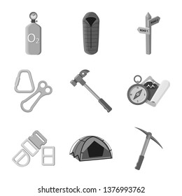 Vector illustration of mountaineering and peak symbol. Set of mountaineering and camp stock symbol for web.