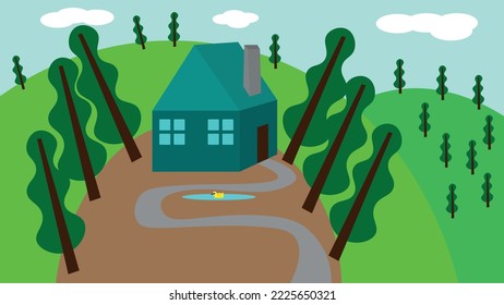 Vector illustration of a mountainous landscape with a house on a hill. Trees on the hill. Driveway. A pond with a young duck. Nature, dwellings, mountains, sky, clouds, environment.