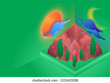 Vector illustration of mountains 3D during the sun and moon