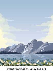 Vector illustration. Mountains, Alps, Austria, poster design, postcard, wallpaper, background. Modern design, cartoon style.