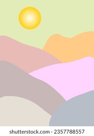 Vector illustration of mountains background and sun. Colorful landscape. wall decor, wallpaper, cover.