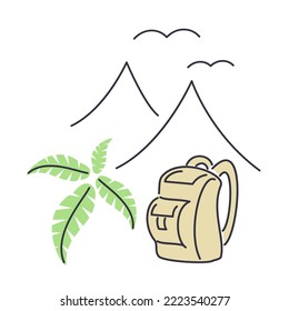 Vector illustration of mountains and backpack, nature and tourism.
