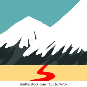 Vector illustration with mountains, blue sky and red road. Bright image with landscape.