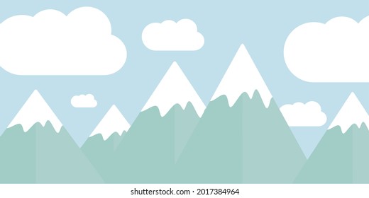 Vector illustration mountains and blue sky   clouds  Snow  capped mountain peaks  Drawing natural landscape 