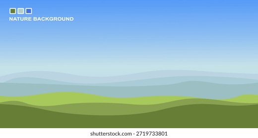 Ilustração vetorial de montanhas e céu azul. Fundo simples do vetor da paisagem natural adequado para mídias sociais, aplicativos móveis, web, e publicidade. Vista de manhã brilhante.