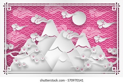 Vector illustration of mountains, branch of cherry blossoms, clouds and sun on pink outdoor background, oriental vintage pattern frame for chinese new year greeting card, paper cut out style