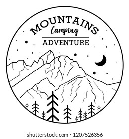 Vector illustration of mountains. Camping, adventure, trekking, hiking. Print design