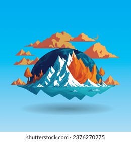 Vector illustration of mountains with clouds at sunset, hiking mountain, sunset illustration, full color