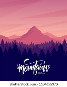 Vector illustration. Mountains dawn landscape with pine forest on foreground