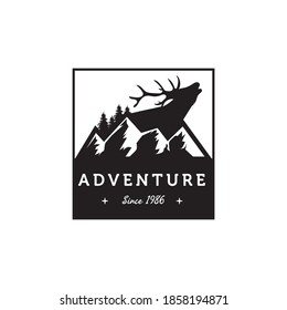 Vector illustration of mountains, deer and pine forest perfect for adventure community logo, outdoor apparel company logo, badge, sticker design