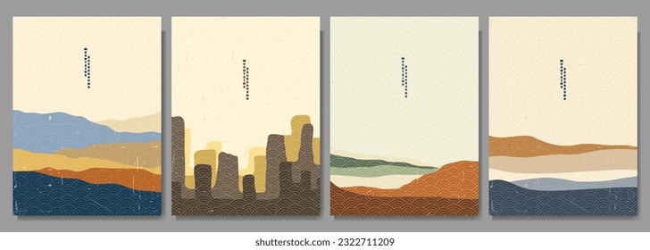 Vector illustration. Mountains, desert, water in desert. Vintage old 60s, 70s background. Asian style. Design for poster, book cover, brochure, layout. Wall art. Retro style. Linear drawn texture