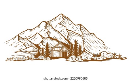 Ilustración vectorial del diseño de montañas. diseño de bosques y montañas dibujados a mano. para viajes y aventura.