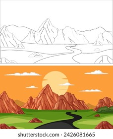 Vector illustration of mountains during sunrise and sunset.