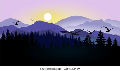 Vector illustration of mountains, evening sky, sunset, trees and birds, in flat design style.