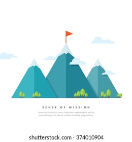 Vector illustration of mountains with flag pole.