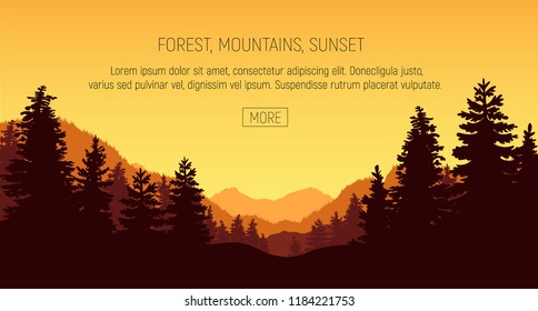 Vector illustration with mountains, forest and beautiful sunset.