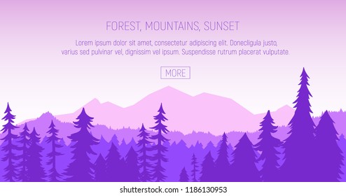 Vector illustration with mountains, forest and beautiful sky.