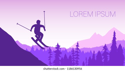 Vector illustration with  mountains, forest, beautiful sunset and a silhouette of a man doing ski jumping.
