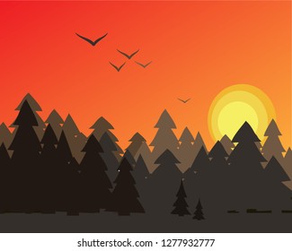Vector illustration with mountains, forest and beautiful sunset.