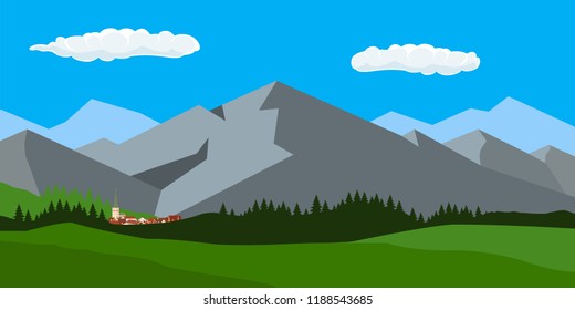 Vector illustration mountains and forest landscape daytime. 