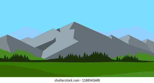 Vector illustration mountains and forest landscape daytime. 