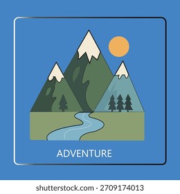 Ilustración vectorial de montañas, bosque y sol