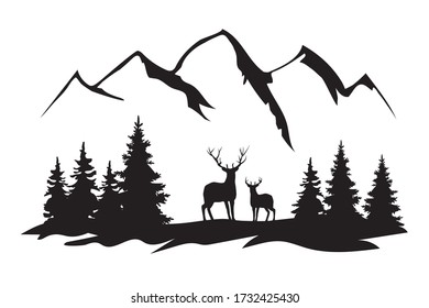 vector illustration of mountains, forest,deer. travel, camping, nature, wilderness background. 