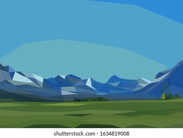 Ilustração vetorial com montanhas e paisagem verde. Cartaz pintado à mão com arte digital com paisagem natural