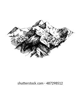 Vector illustration of mountains in hand drawn sketch style. Template for card poster banner and flyer.