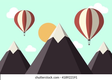 Vector Illustration of Mountains and Hot Air Balloons. Flat Design Style. 