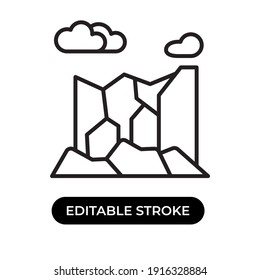 Vector illustration of mountains icon. Rock mountain with clouds. Editable stroke with line design style.